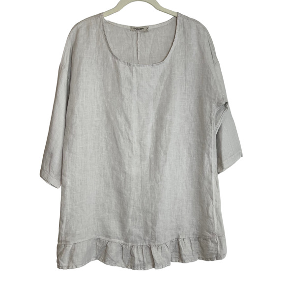 Lungo L'Arno Womens Linen Tunic Size Medium Sand 3/4 Sleeve Ruffled Hem Italy - Picture 1 of 7